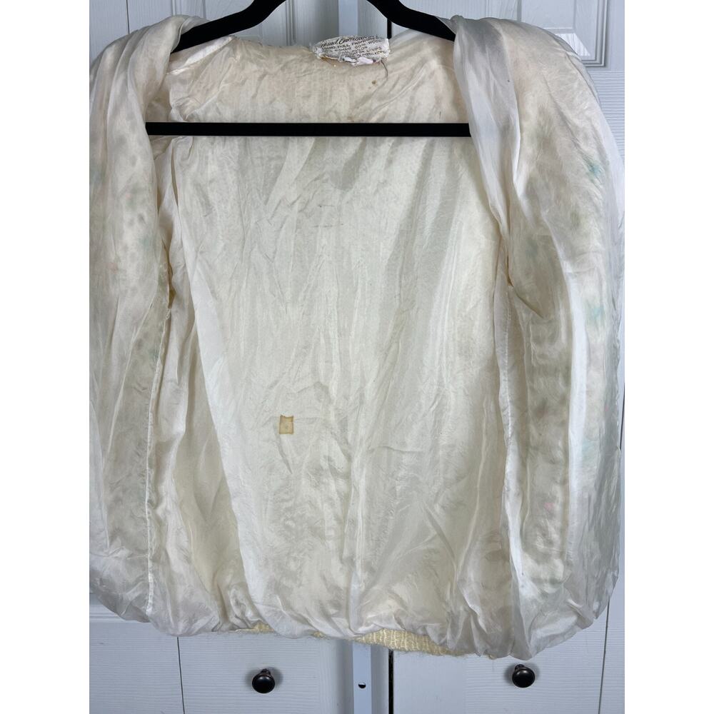 1950s Cream Knitted Crochet Colorful Pom Pom Floral 3D Wool Cardigan Medium - Picture 4 of 10